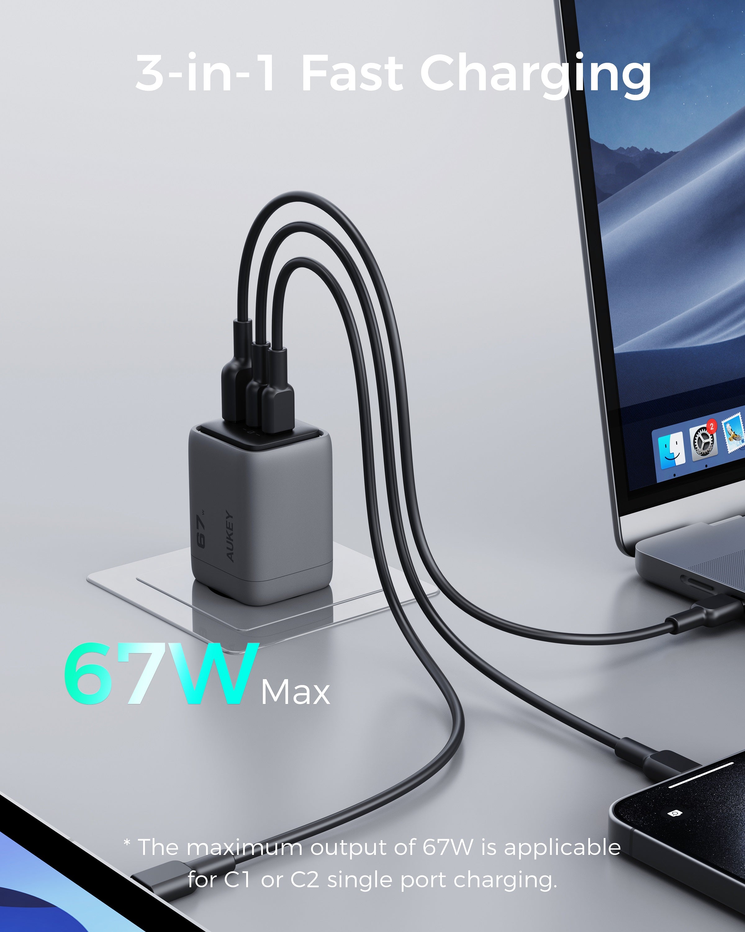 AUKEY PA-C3 Comet Mix 3 67W PD Wandladegerät mit GaN-Technologie