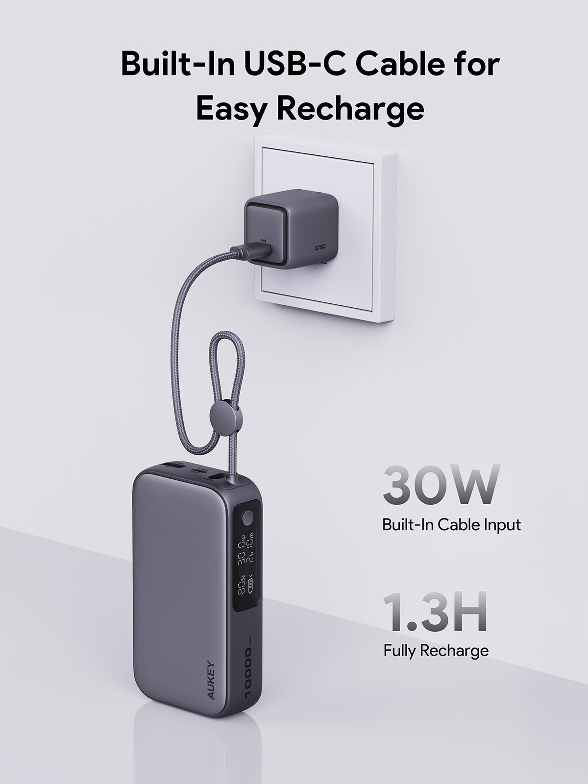 AUKEY PB-Y47 Spark Sling 10000 Kompakte Schnelllade-Powerbank mit integriertem USB-C-Kabel