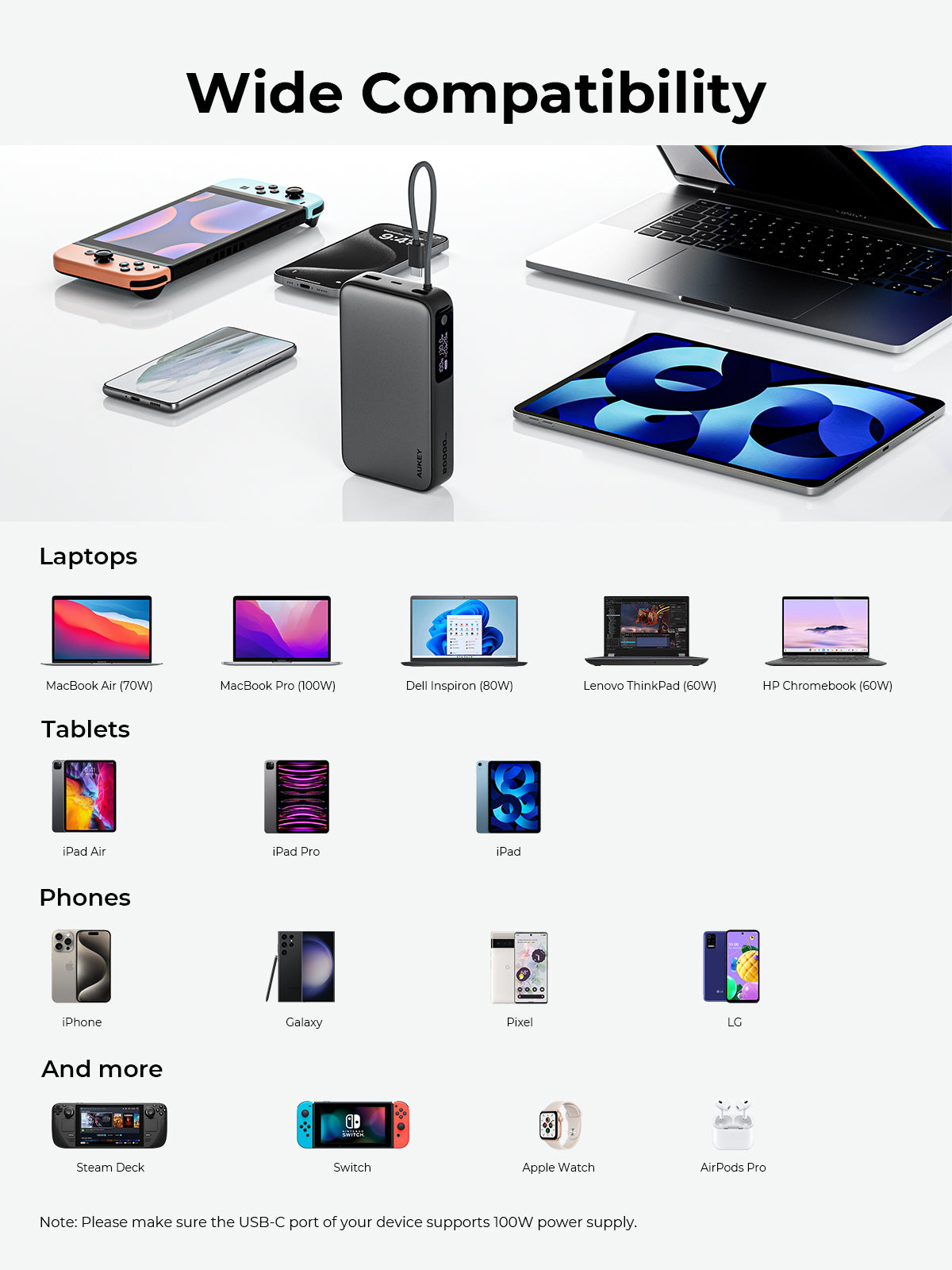 AUKEY PB-Y48 Spark Sling 20000 Kompakte Schnelllade-Powerbank mit integriertem USB-C-Kabel
