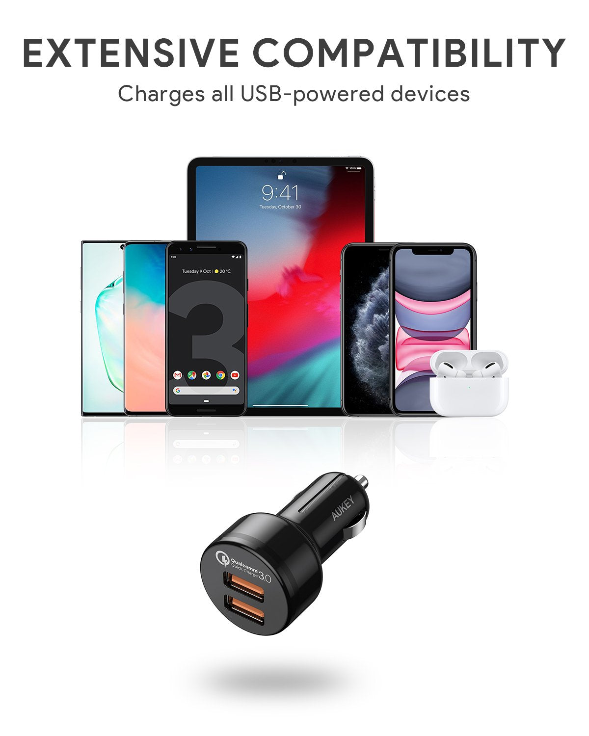 AUKEY CC-T8 das Autoladegerät ist mit allen USB-betriebenen Geräten kompatibel