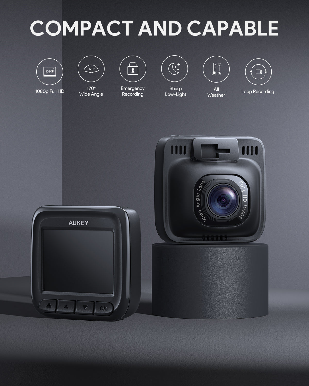 AUKEY DR01 Dashcam, 1080p-Dashboard-Kamera-Recorder mit Sony-Sensor, 2"-LCD, 6-spuriges 170°-Weitwinkelobjektiv