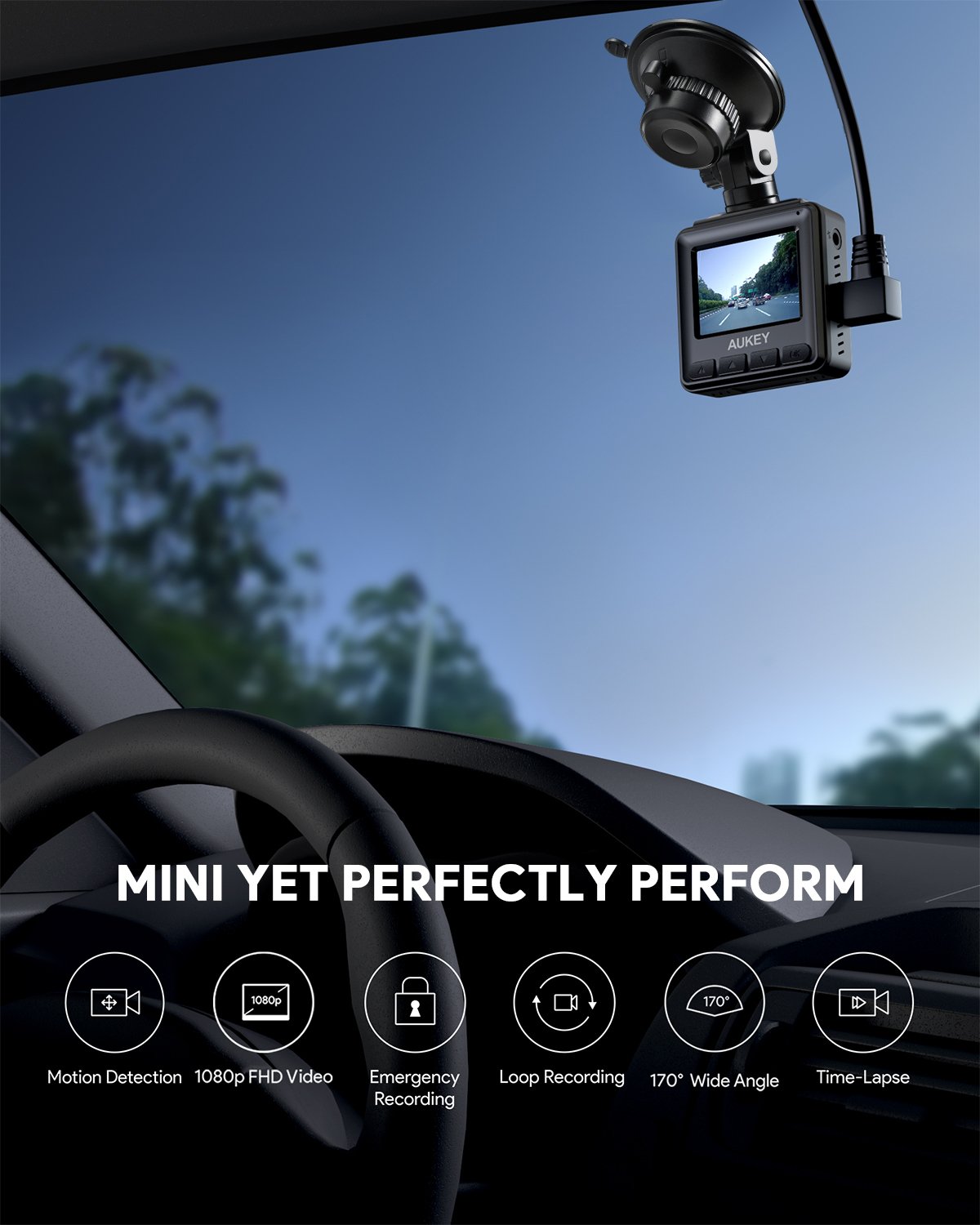 AUKEY DRA5 Mini-Dashcam, Dashcam mit 1080p Full HD, LCD-Display mit 1,5 Zoll, Autokamera mit 170°-Weitwinkelobjektiv, Schwarz