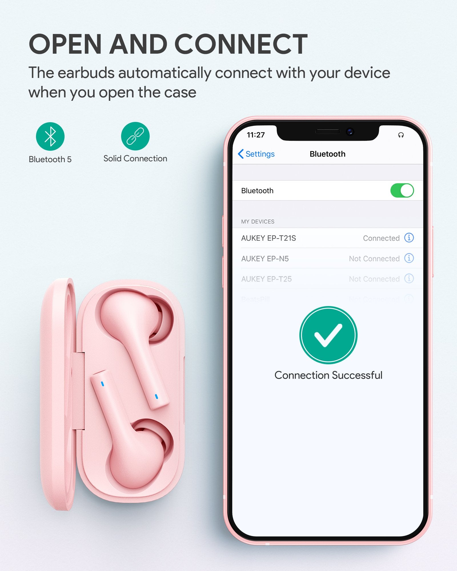 AUKEY EP-T21S Move - Kompakte Kabellose Ohrhörer 3D Surround Sound Pink