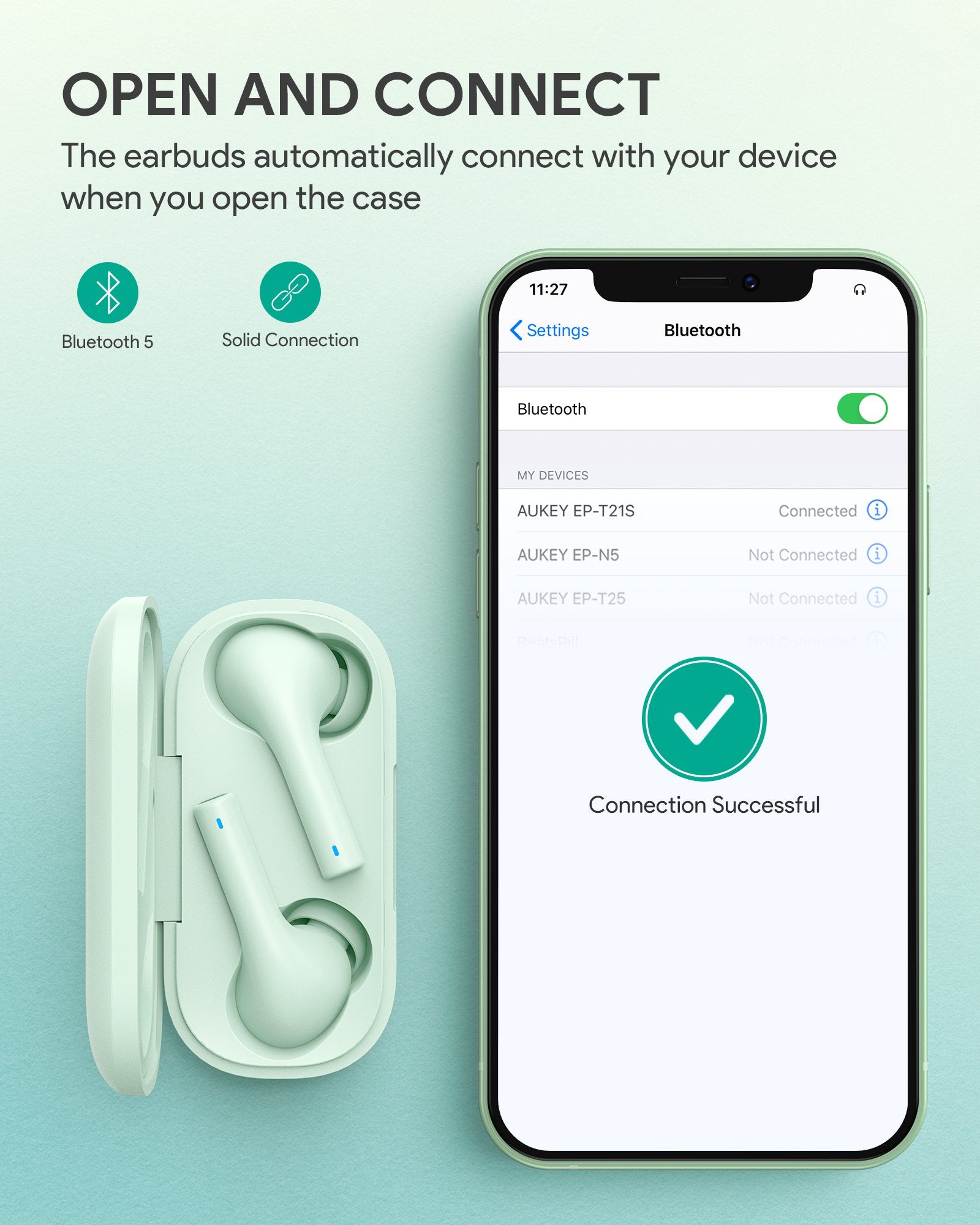 AUKEY EP-T21S Move - Kompakte Kabellose Ohrhörer 3D Surround Sound Grün