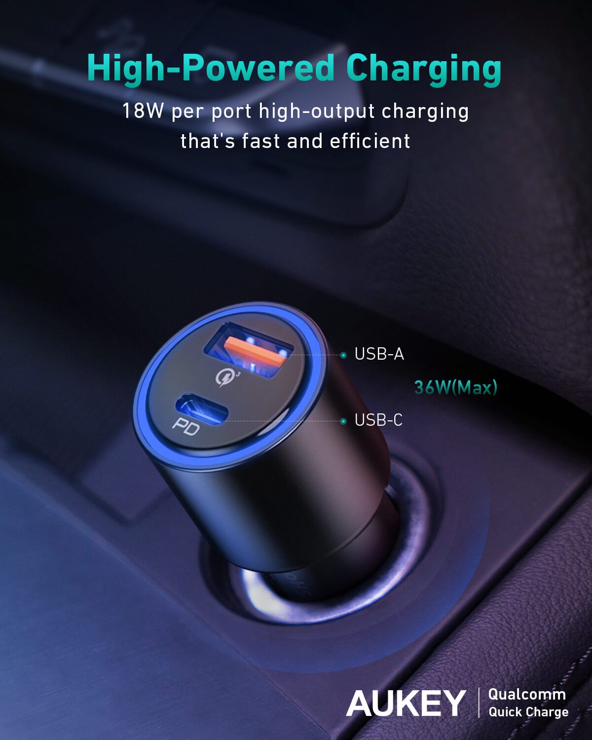 AUKEY CC-Y18S Dual (USB-C/USB-A) LED-Autoladegerät – 36 W
