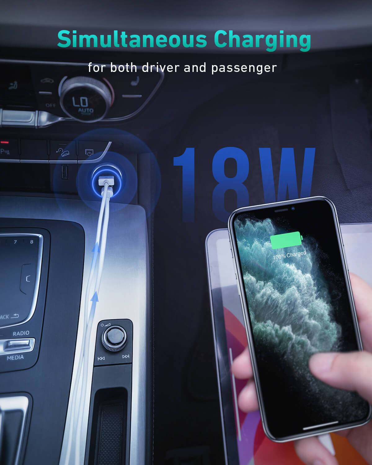 AUKEY CC-Y18S Dual (USB-C/USB-A) LED-Autoladegerät – 36 W