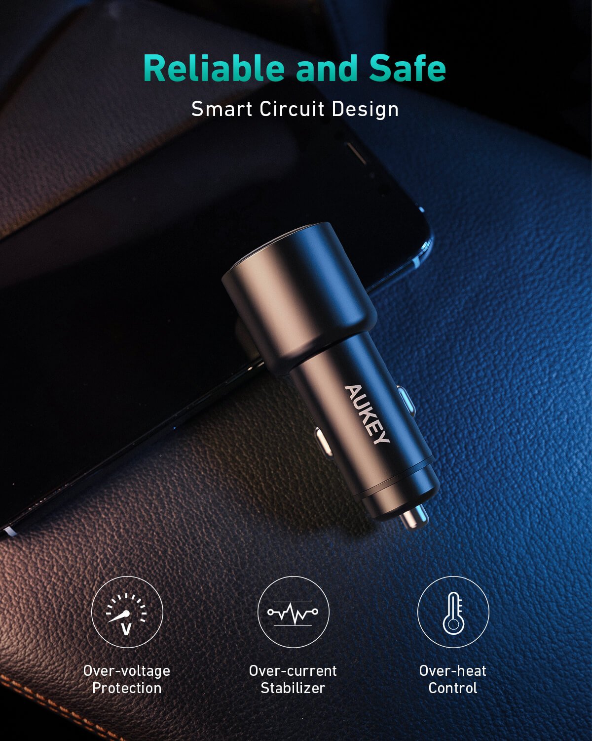 AUKEY CC-Y18S Dual (USB-C/USB-A) LED-Autoladegerät – 36 W