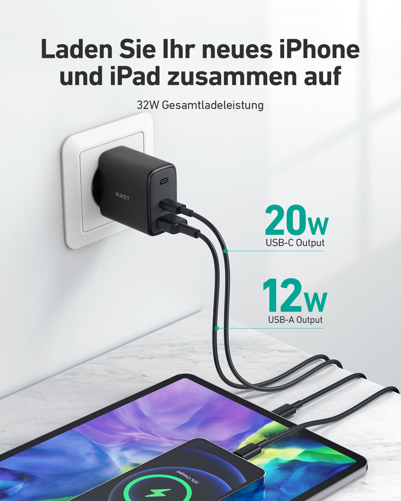 AUKEY PA-F3S Schnell LadegeräMix 32W Dual-Port Würfel Stecker Leistung, Schwarz