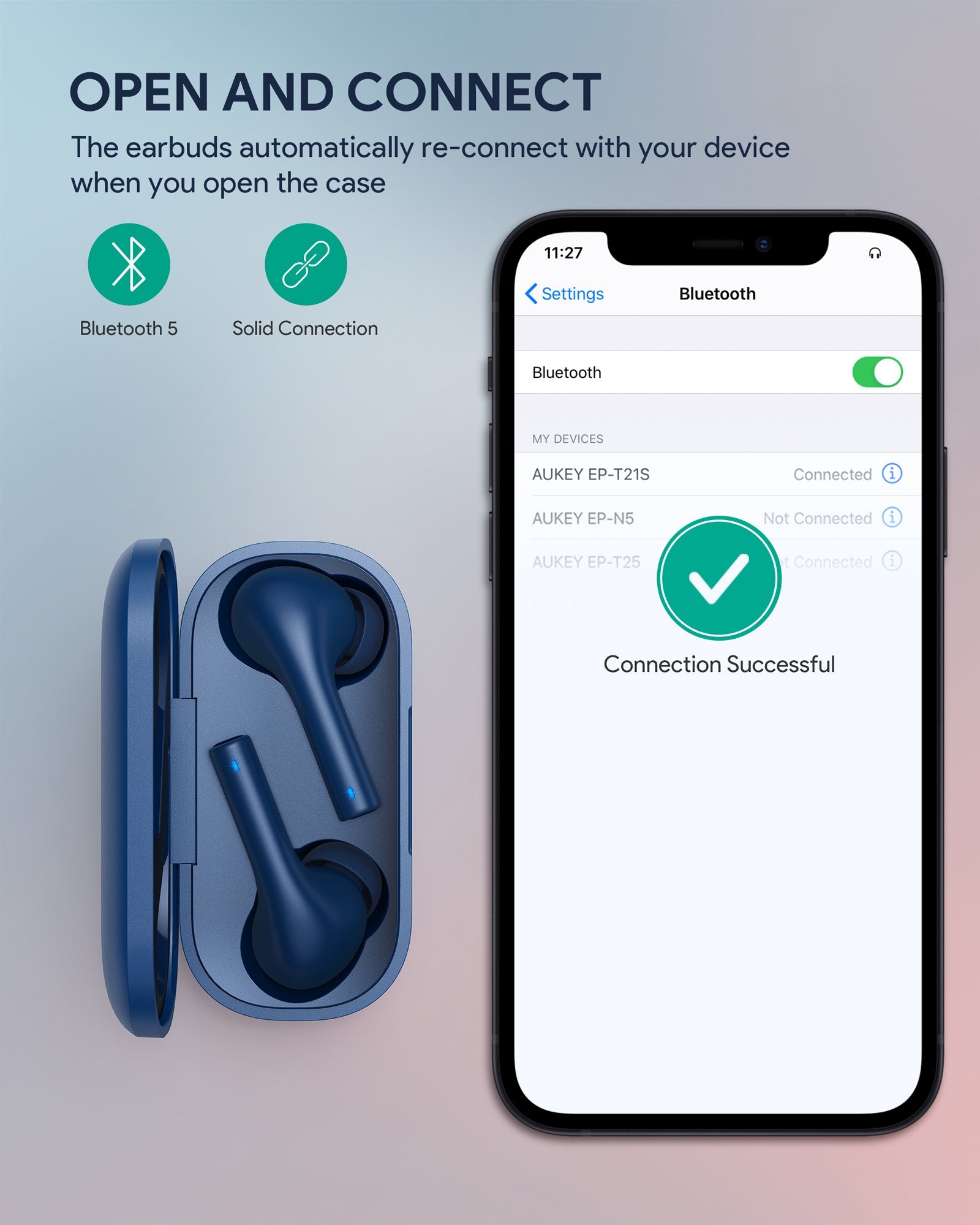 AUKEY EP-T21S Move - Kompakte Kabellose Ohrhörer 3D Surround Sound Blau