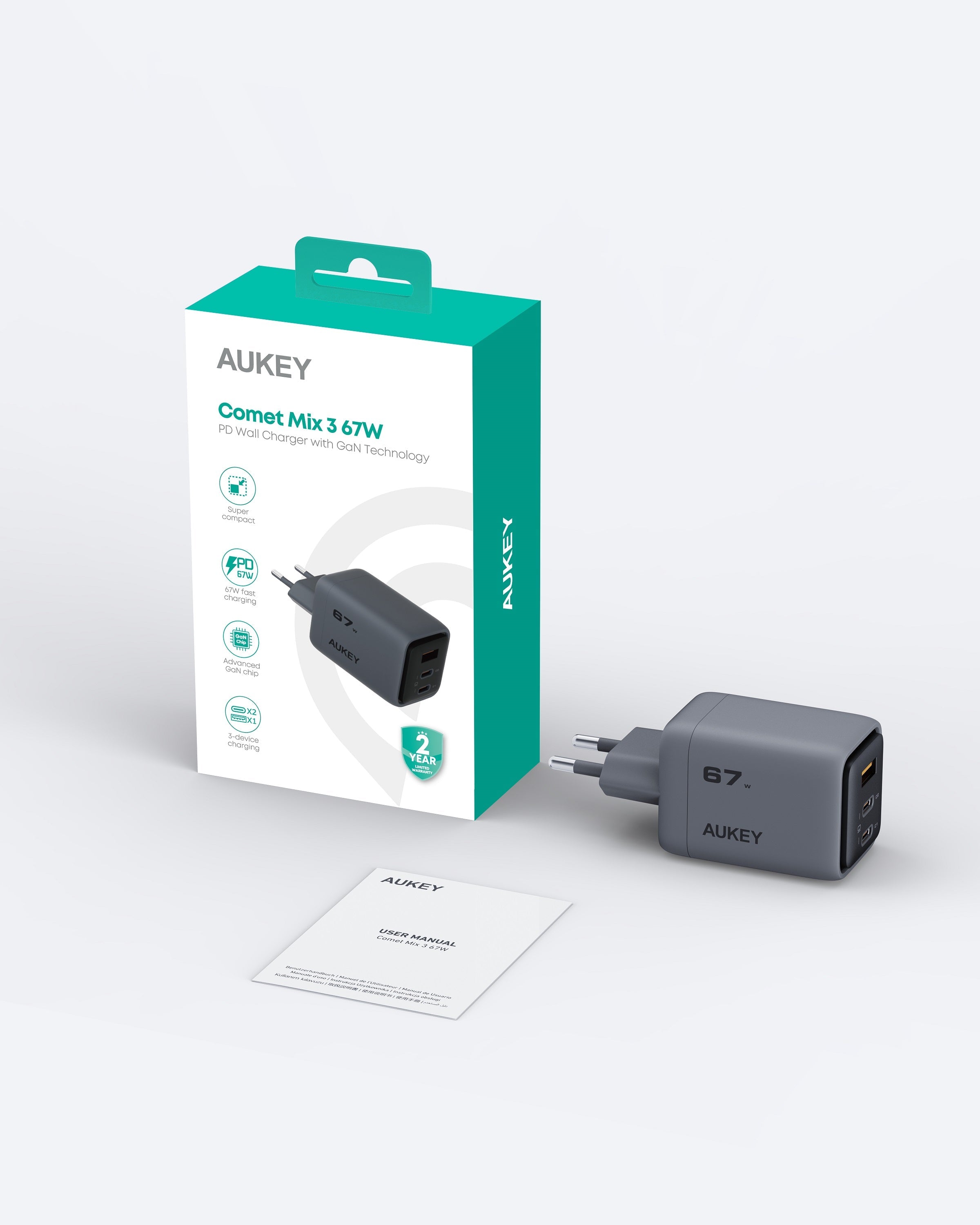 AUKEY PA-C3 Comet Mix 3 67W  PD Wandladegerät mit GaN-Technologie