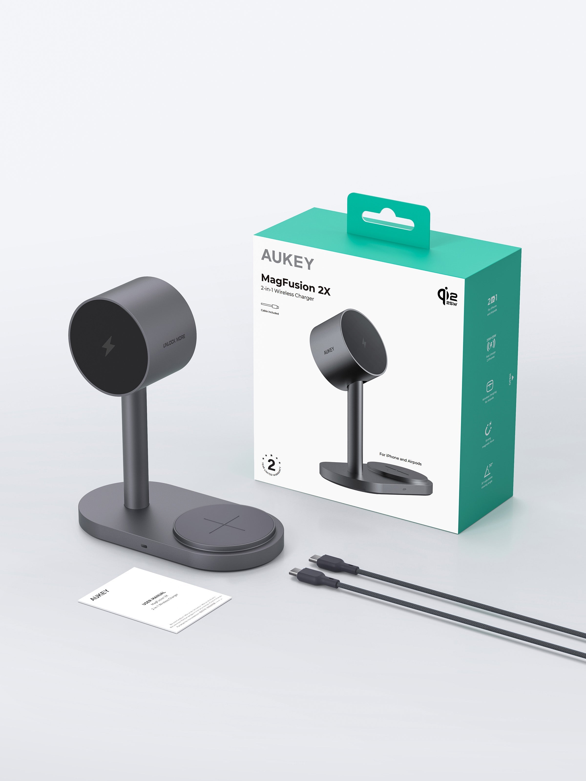 AUKEY LC-MC213 Qi2.2 MagFusion 2X 2-in-1 Magnetischer Wireless Charger (Netzteil nicht im Lieferumfang enthalten)
