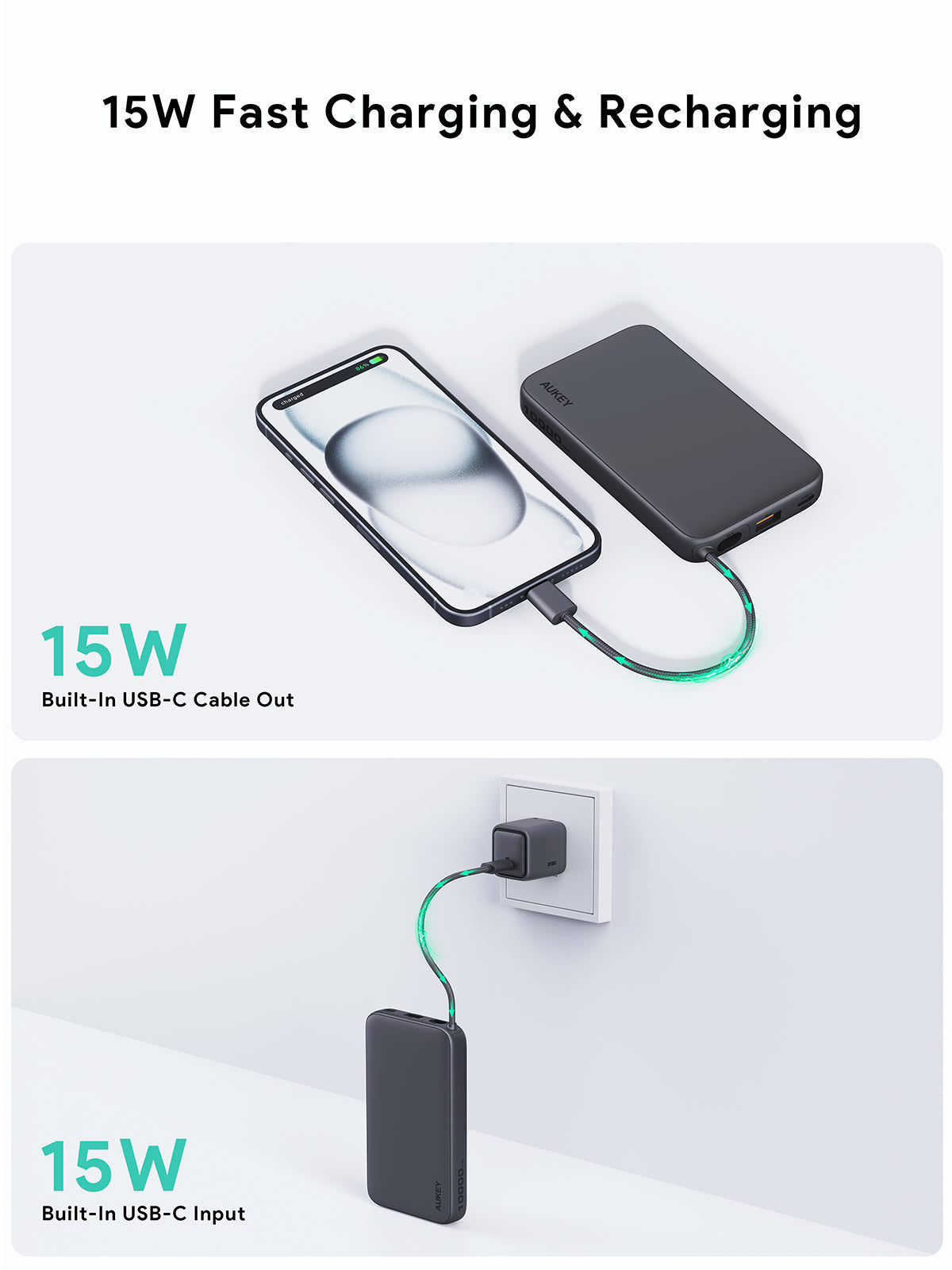 AUKEY PB-Y53 Spark Sling 10000 Lite Slim Power Bank mit integriertem USB-C-Kabel