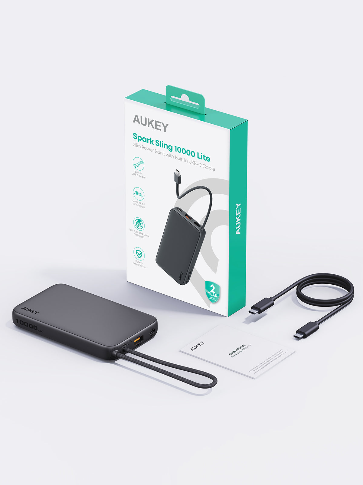 AUKEY PB-Y53 Spark Sling 10000 Lite Slim Power Bank mit integriertem USB-C-Kabel
